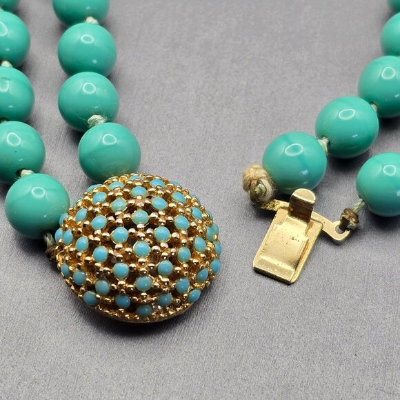 VTG Double Strand Turquoise Colored Bead Choker Necklace 15" Gold-Tone Box Clasp - Picture 8 of 15